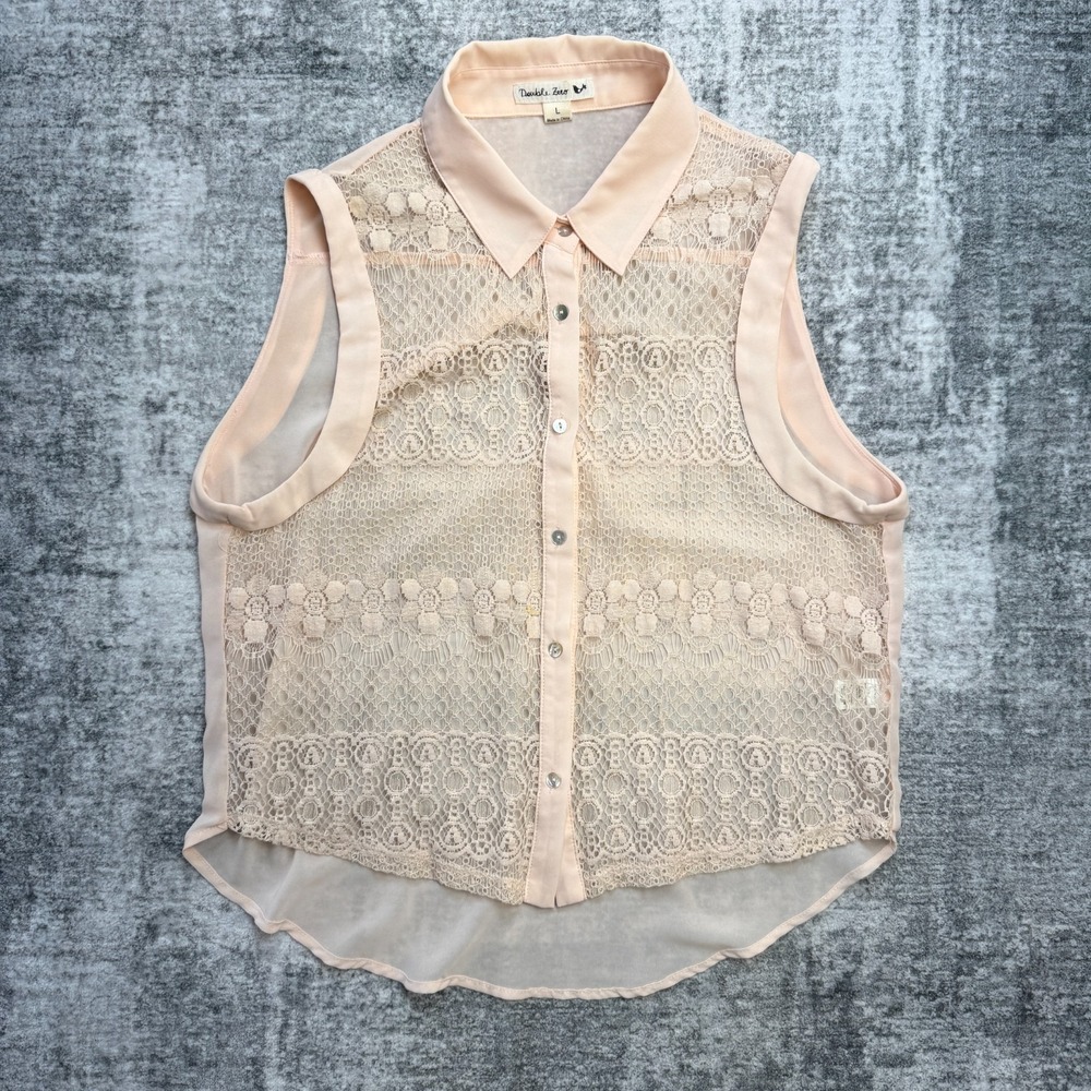 Double Zero Top Womens Large Pale Pink Lace Sheer‎ Button Up Shirt Coquette Twee